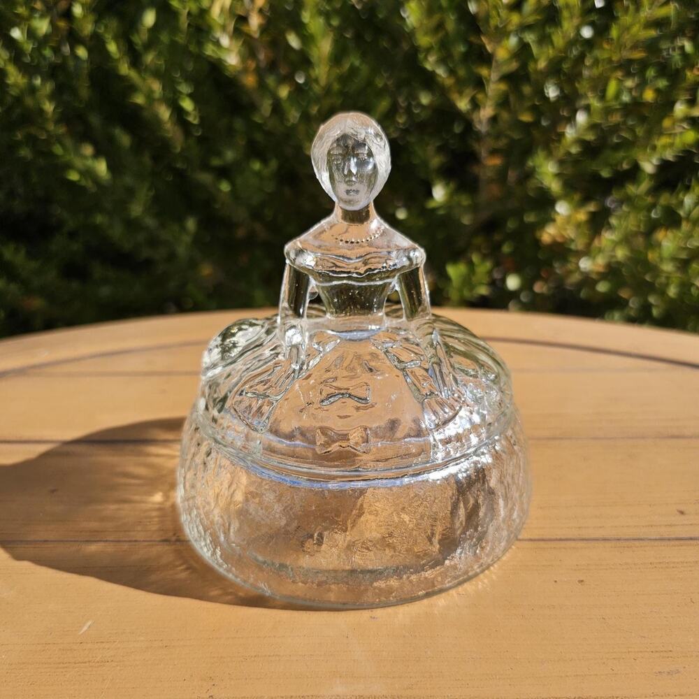 Vintage Ramses Crinoline Girl Clear Glass Vanity Dresser Powder Jar